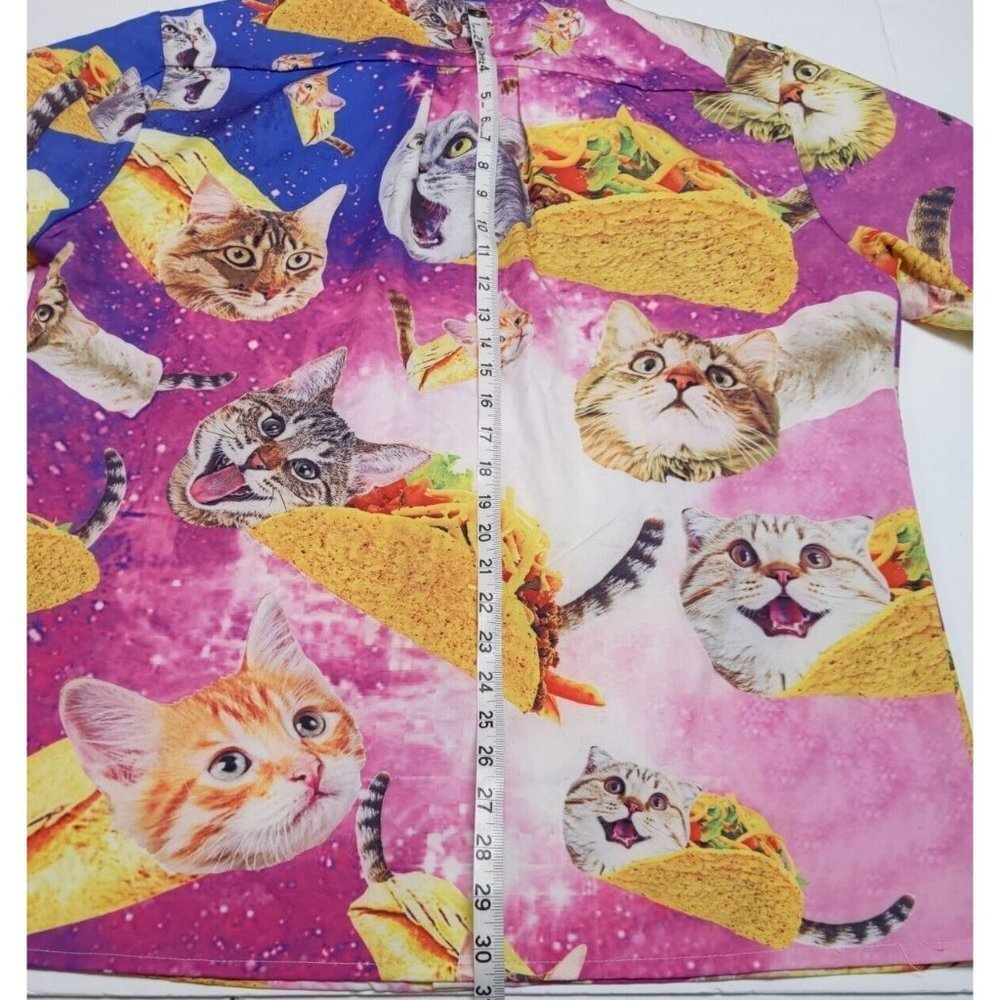 Novelty Cat & Taco Print Short Sleeve Button-Down Shirt - Pink/Blue - Picture 9 of 14